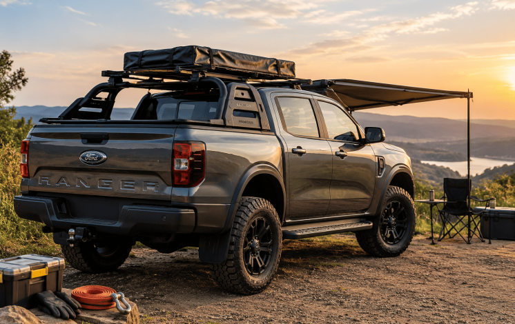 Ford Ranger equipada com acessórios para trabalho e lazer, incluindo rack de teto, bagageiro, capota lateral e pneus off-road.